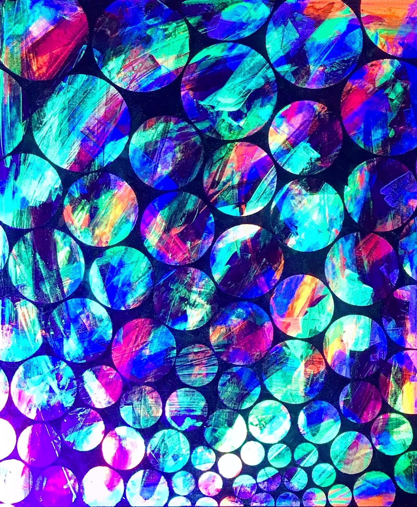 Metallic and fluorescent acrylics painting with colorful circles, under UV light